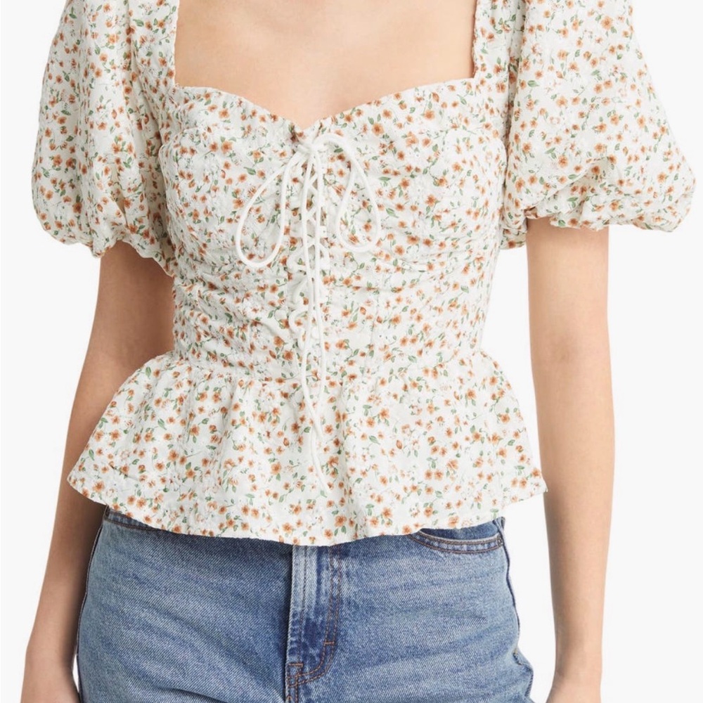 ASTR the Label Floral Puff Sleeve Lace‑Up Corset Crop Top • Romantic Summer